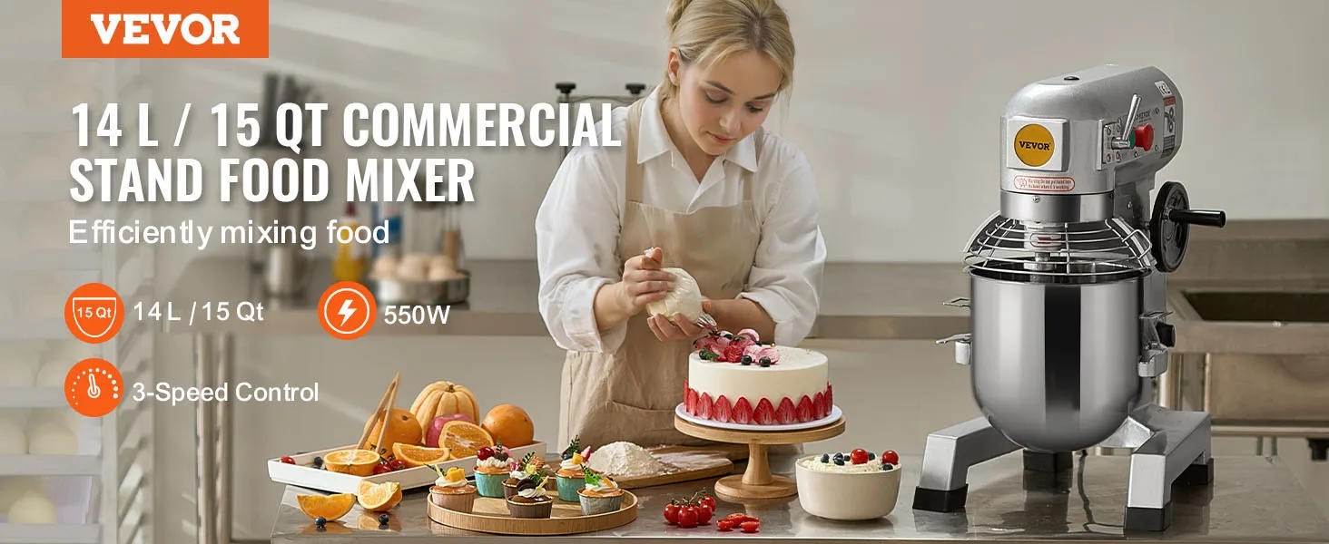 Description Picture 2 of itemCommercial Stand Mixer, 15Qt Stainless Steel Bowl, 500W Heavy Duty Electric Food Mixer with 3 Speeds Adjustable 113/184/34