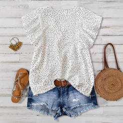 Summer casual flying sleeve button top women's casual vacation solid color polka dot T-shirt