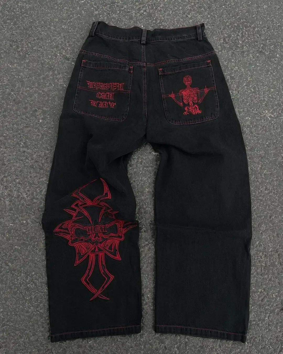 Description Picture 3 of itemY2K Jeans Mens Hip Hop Retro Skull Embroidery Washed Baggy Denim Pants Women Straight Casual Loose Wide Leg Trouser Streetwear