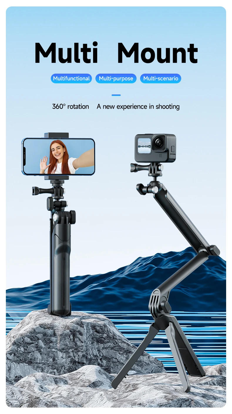 Description Picture 2 of itemTELESIN 4 ways Selfie Stick with Tripod Hand Grip Pole for GoPro Hero Insta360 DJI Action Smart Phone Action Camera Accessories