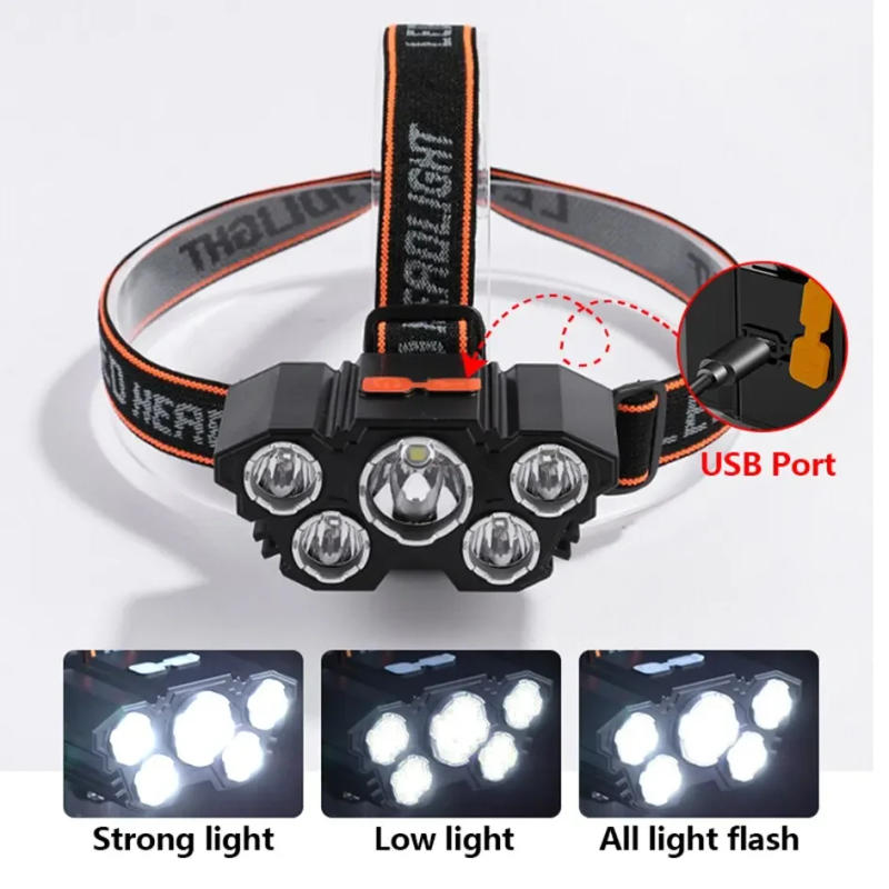 Description Picture 5 of itemUsb Rechargeable 5 Led Headlamp Super Bright Head-Mounted Strong Flashlight Built-in Battery Outdoor Camping Night Fishing Lamp