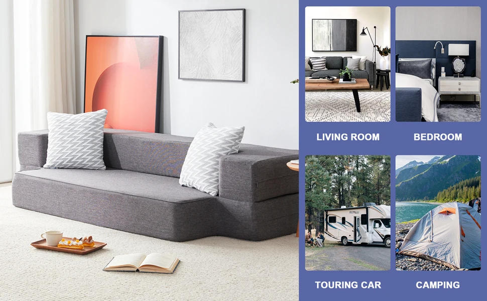 Description Picture 5 of itemFloor Sofa Bed, Fold Out Couch Bed with 2 Pillows & Washable Cover Convertible Sleeper Folding Sofa Bed Mattress for Living Room