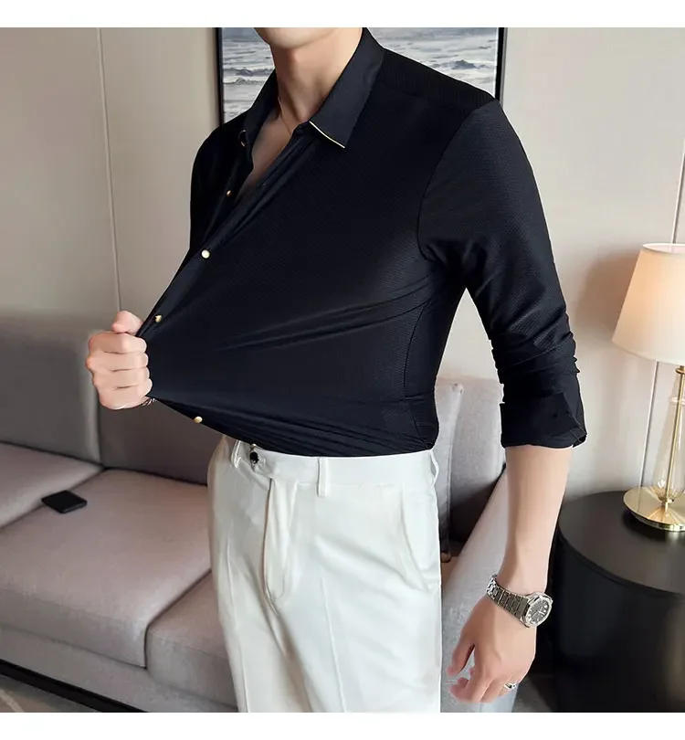Description Picture 6 of itemSpring New High Elastic Phnom Penh Long Sleeve Men Shirts Dress Simple Slim Fit Casual Prom Tuxedo Formal Wear Chemise Homme 4XL