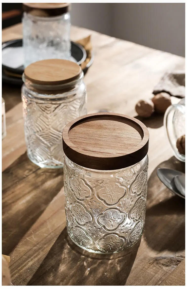 Description Picture 3 of itemJapanese Retro Embossed Glass Sealed Jar Storage Jar Snack Dried Fruit Jar Glass Jar Kitchen Supplies Storage Jar Ornament