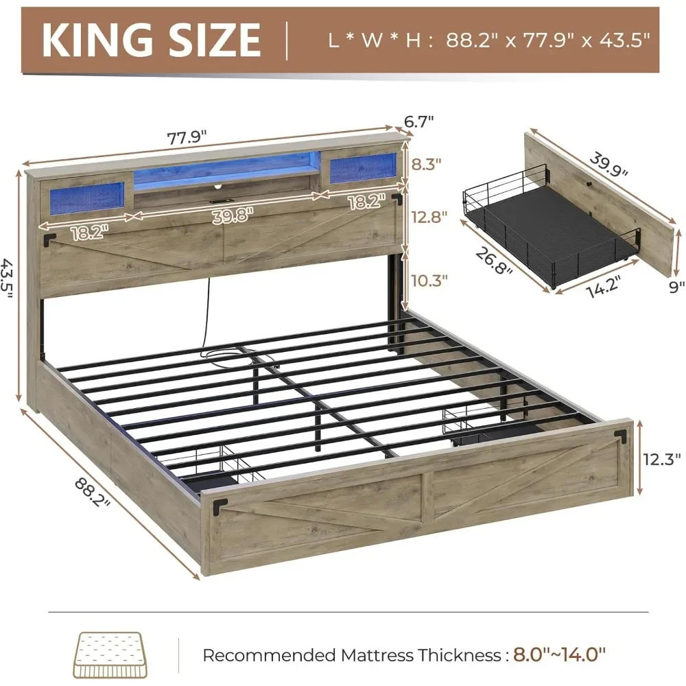 Description Picture 3 of itemKing Bed Frame with Headboard & 2 Drawers, Headboard with LED Lights and Charging Station, Wooden Bed Frame