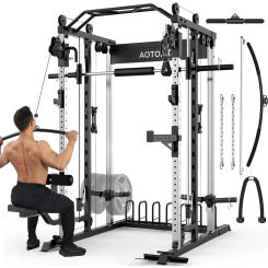 Smith Machine Strength Training Squat Rack with Smith Bar, Power Cage with LAT Pull-Down Systems