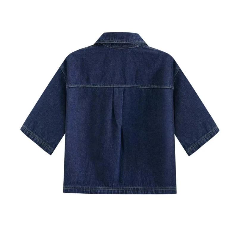 Description Picture 5 of item2025 Women's Fashion Flip Pocket Decoration Short Flip Collar Slim fit denim Top + Asymmetric Denim Skirt 2 Piece Set