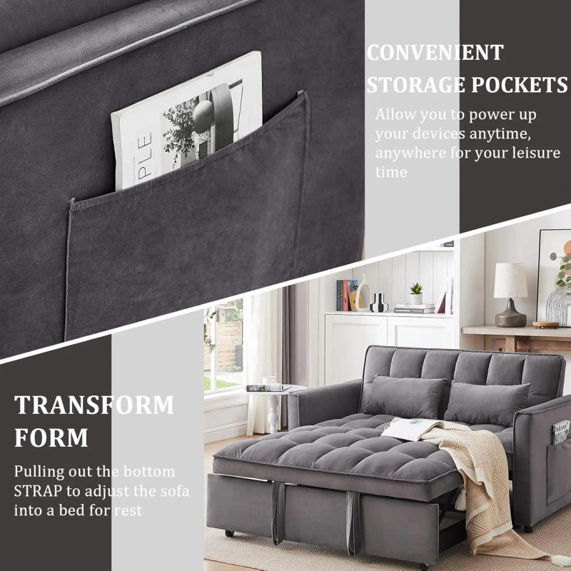 Description Picture 4 of item3 in 1 Pull Out Convertible Sofa Bed - 55"Velvet Sleeper Sofa with Adjustable Backrest,Tufted Love Seat w/ 2 Pockets ＆ 2 Pillows
