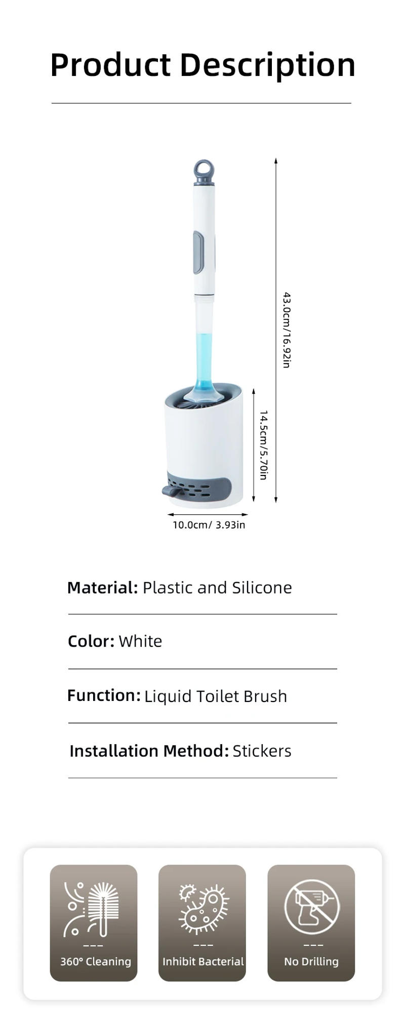 Description Picture 3 of itemWater Spray Silicone Toilet Brush Long Handle Refillable Silicone TPR Brush With Wall-Mounted Bathroom Cleaning Accessories