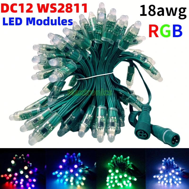 Description Picture 2 of item500-1000pc DC12V WS2811 RGB LED Modules 12mm String Light IP68 Waterproof Connector Programmable 18AWG Green Wire Led Pixel Lamp