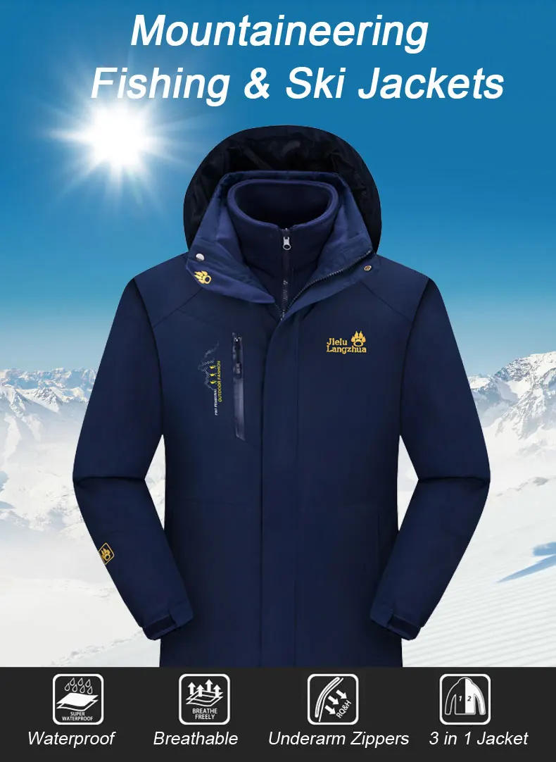 Description Picture 2 of itemMen's Waterproof Hiking Jackets Winter Men Windbreak Fleece Thick Warm 3 In 1 Camping Hunting Fishing Coats Male Large Size