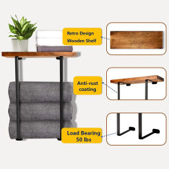 Towel Storage Rack, Wooden Board Wall Mounted Metal Bathroom Towel Rack, Bathroom