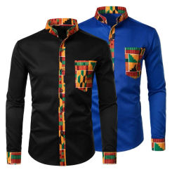 Men Slim Fit Shirt Stand Collar Long Sleeve Shirt Tops Print Contrast Color Casual Shirt Office Workwear
