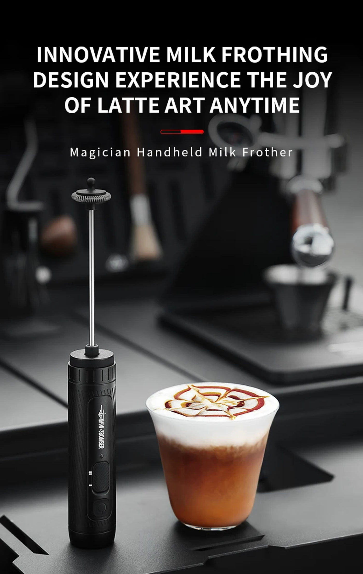 Description Picture 3 of itemMHW-3BOMBER Rechargeable Milk Frother Pitcher Handheld Electric Foam Maker Stainless Steel Whisk Foamer for Espresso Latte Tool