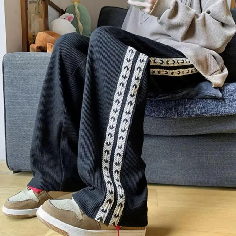 Description Picture 3 of itemMen Pants Shrink Resistance Absorb Sweat Drawstring Elastic Waist Waffle Grid High Street Casual Trousers Sports Clothing