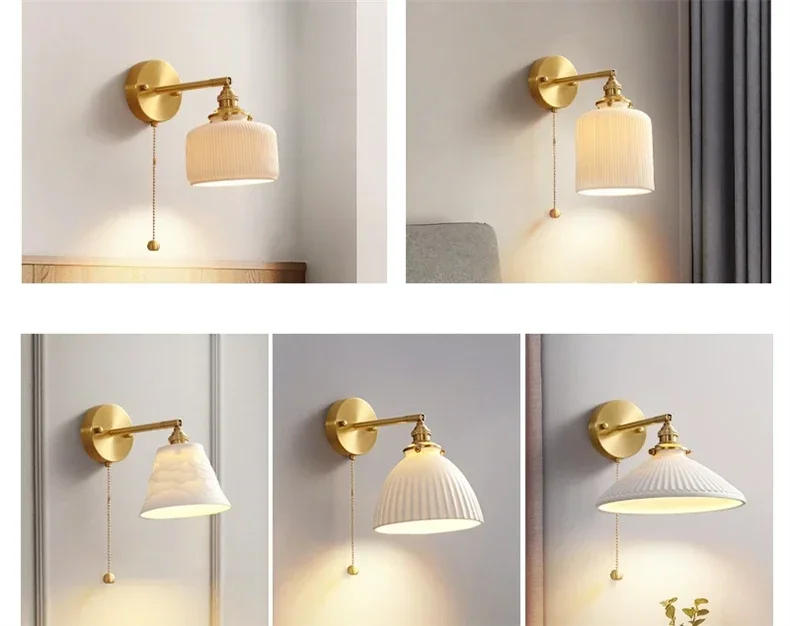 Description Picture 6 of itemJapanes Vintage Wall Lamp Brass Ceramic Lampshade Pull Wire Switch Swivel Sconce for Bedroom Bedside Wall Light Home Decoration