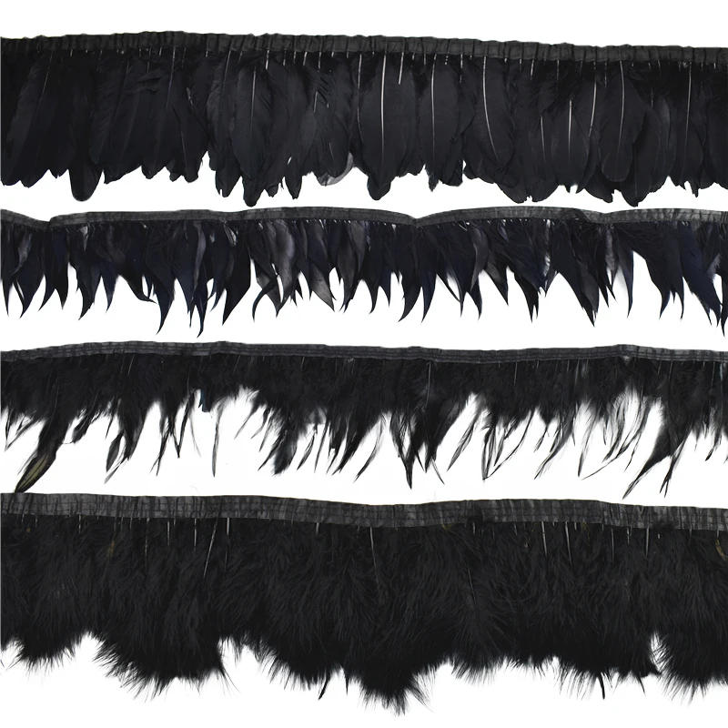 Description Picture 5 of item1Meters White Black Pheasant Feathers for Needlework Ribbon on Tape Turkey Ostrich Fringe Trims Goose Marabou Sewing Trimmings