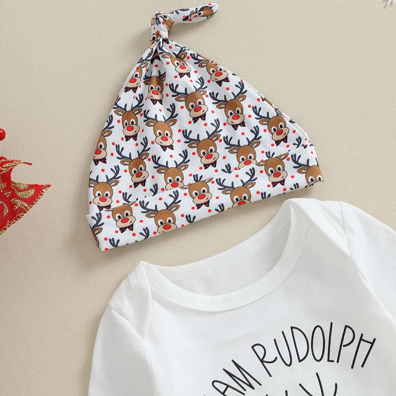 Description Picture 5 of itemBaby Girls Christmas Pants Sets Long Sleeve Letter Print Romper Elk Print Pants Headband Hat Sets