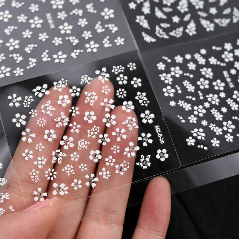 Description Picture 4 of item30sheets White Flower Nail Art Stickers 3D Rhinestones Floral Nail Decals 5.5*6.5cm Self Adhesive White Flower Nail Decorations