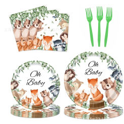 8pcs Jungle Animal Disposable Tableware Oh Baby Cartoon Fox Bear Paper Plate Napkin Happy Kids Birthday Party Decor Baby Shower