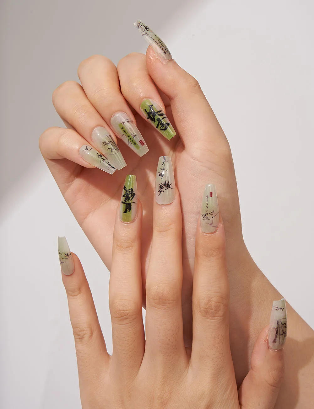 Description Picture 5 of item10PCS Chinese Style Press on Nails Green Handmade Fake Nails with Glue Link Bamboo Stick-on Aesthetic False Nails