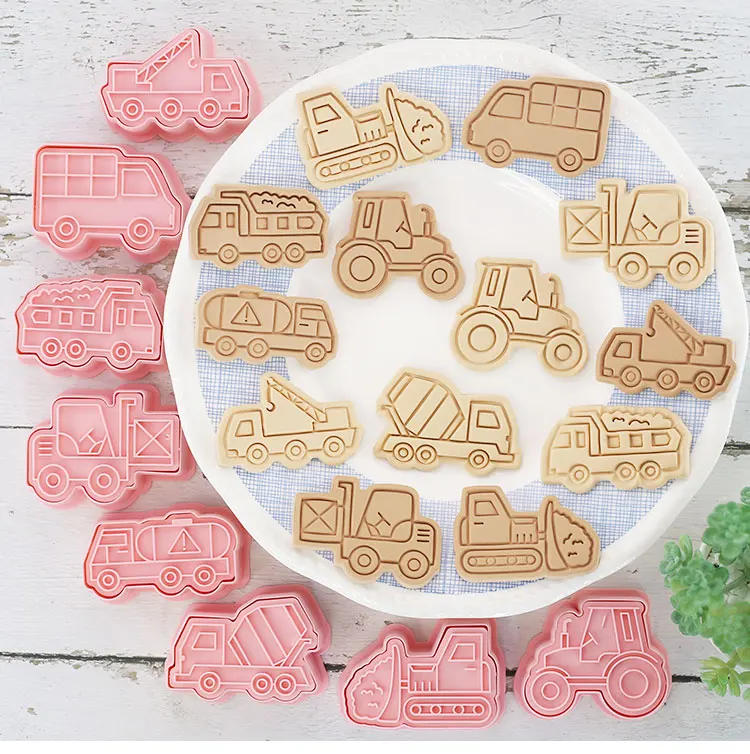 Description Picture 2 of item8 Pcs/set Engineering Truck Cookie Cutters Plastic 3D Cartoon Pressable Biscuit Mold Cookie Stamp Kitchen Baking Pastry Bakeware