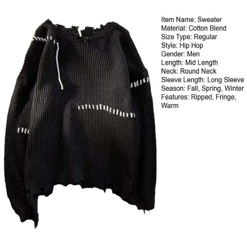 Description Picture 3 of itemClassic Round Neck Sweater Men's Fringe Tassel Sweater Warm Knitted Pullover with Ripped Detail Loose Fit for Fall Winter Long