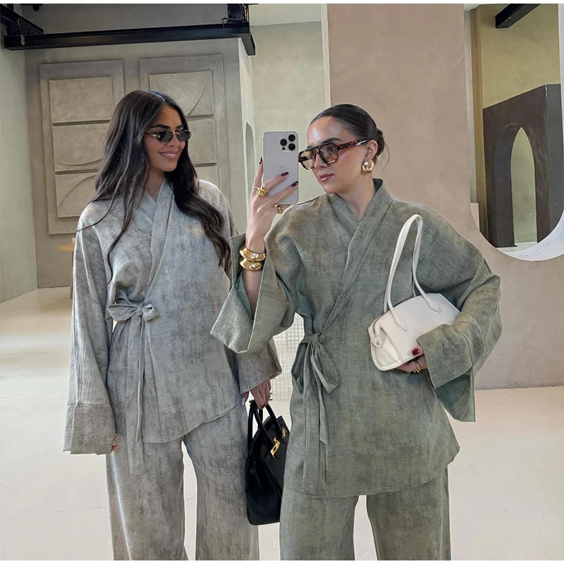 Description Picture 6 of itemCotton Linen Women's Set Elegant Lace Up Long Sleeve Top Straight Wide Leg Pants Sets 2025 Summer Print Lady Casual Trouser Suit