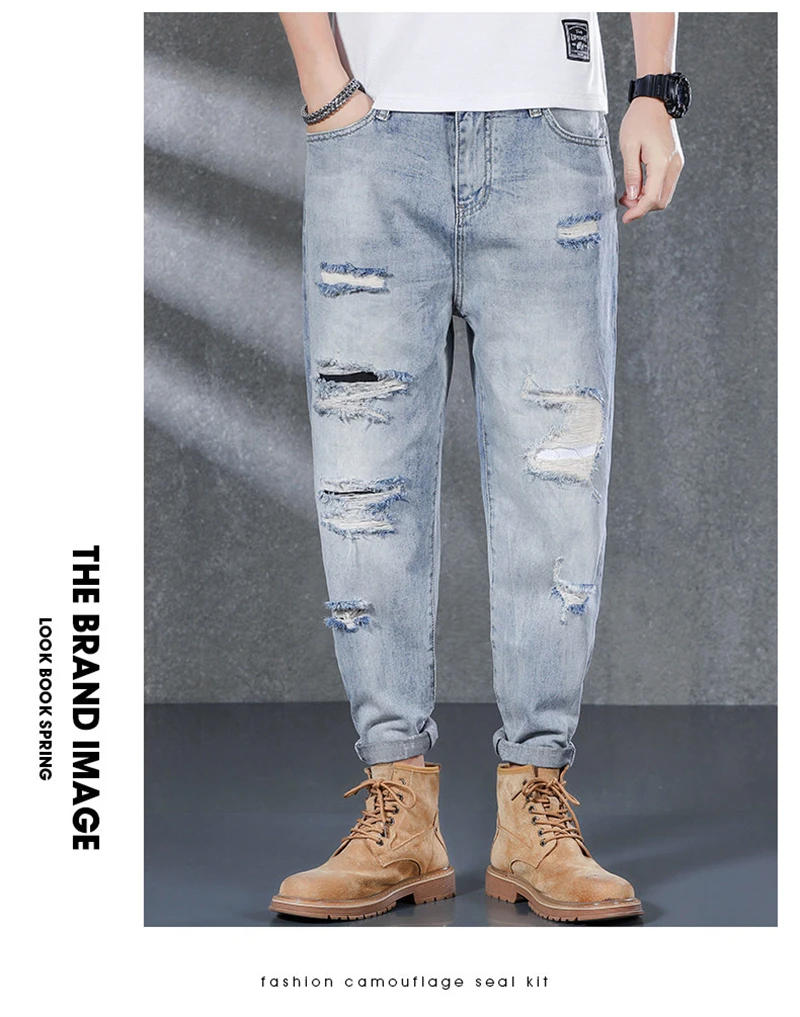 Description Picture 6 of itemRipped Jeans Men Light Blue Cotton Harem Pants Men's Cropped Trousers Ankle-Length Distressed Frayed Hip Hop Jeans Loose Fit