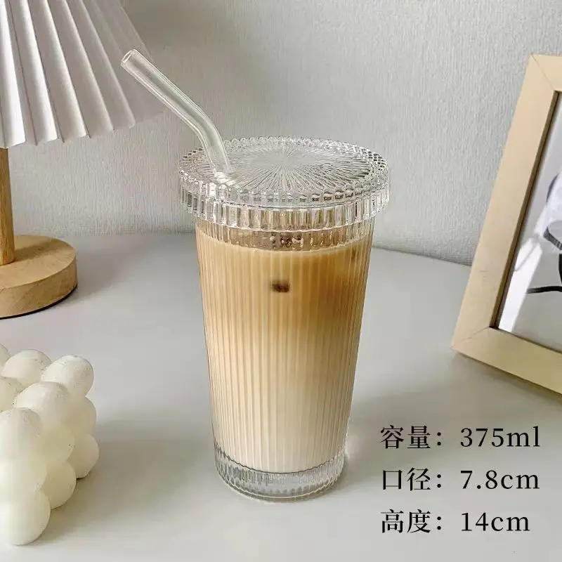 Description Picture 6 of item375Ml Stripe Glass Cup with Lid Straw Japanese Style Drinking Chic Mugs Milk Coffee Drinkware Tea Birthday Gifts whiskey Glasses