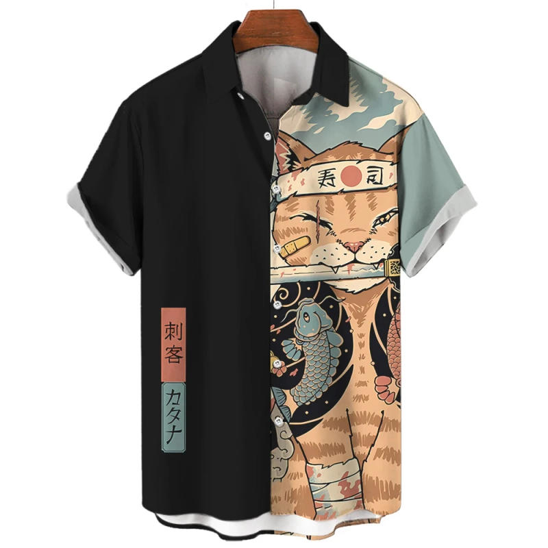 Description Picture 5 of itemFashion Men's Shirt Cool Samurai Cat Tops New Summer Men's Clothing Casual Short-Sleeved Buttons Loose Blouse Hawaiian Shirts
