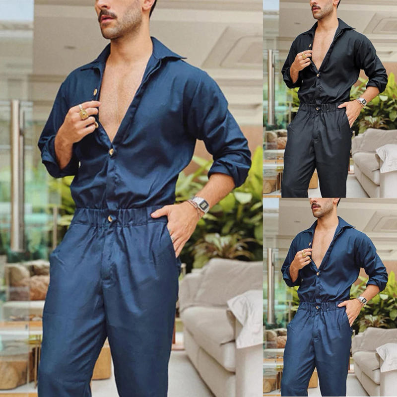 Description Picture 2 of itemSummer Thin Men's Cargo Jumpsuit Pants Overalls Fashion Long Sleeve Lapel Button-Down Rompers Solid Color Workwear Pants