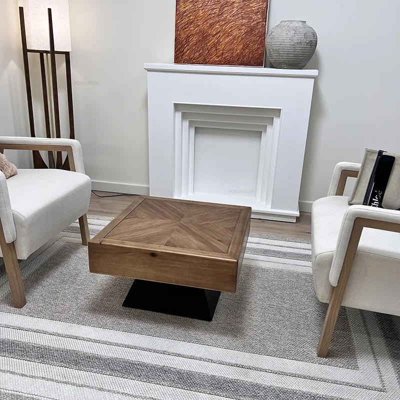 Description Picture 5 of itemEuropean Solid Wood Coffee Table for Living Room Designer Home Side Table Retro Iron Art Small Apartment Square Coffee Tables Y