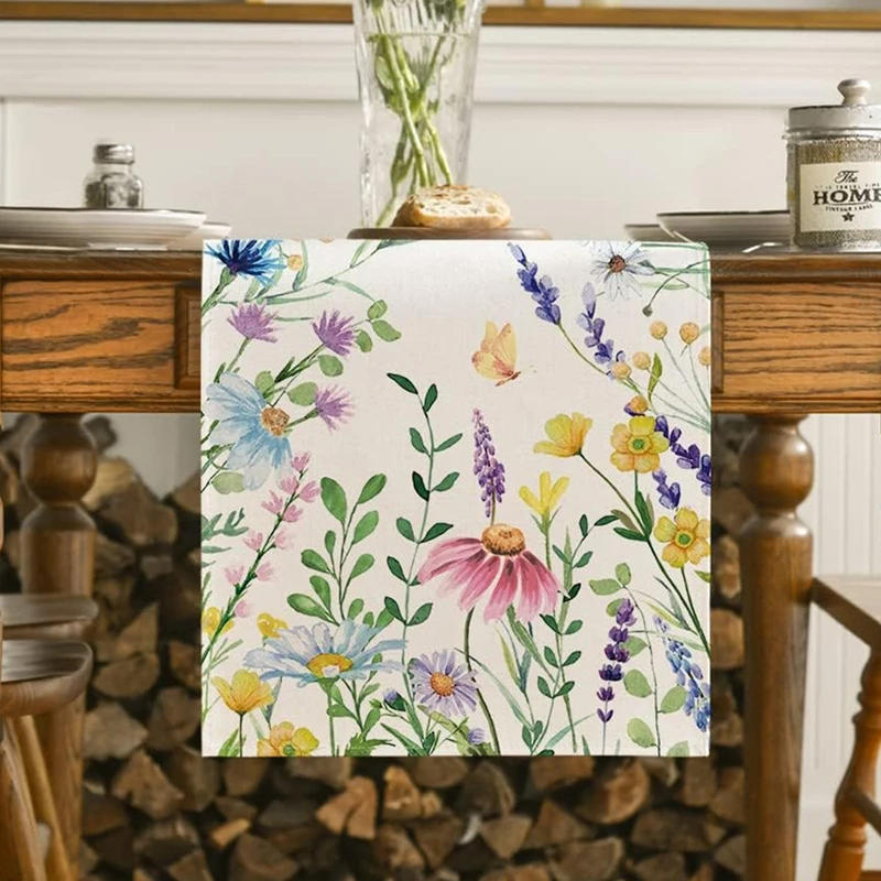 Description Picture 5 of itemHerbaceous Wildflower Vintage Linen Table Runner Spring Summer Butterfly Pattern Kitchen Table Decor Outdoor Dinner Decoration