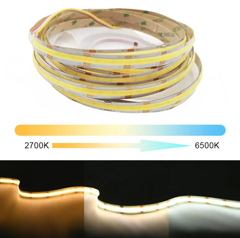 Description Picture 2 of itemCOB CCT LED Strip Lights 608 LEDs/m High Density Flexible Dimmable FOB Led Tape 2700K to 6500K Changeable Lighting DC12V 24V