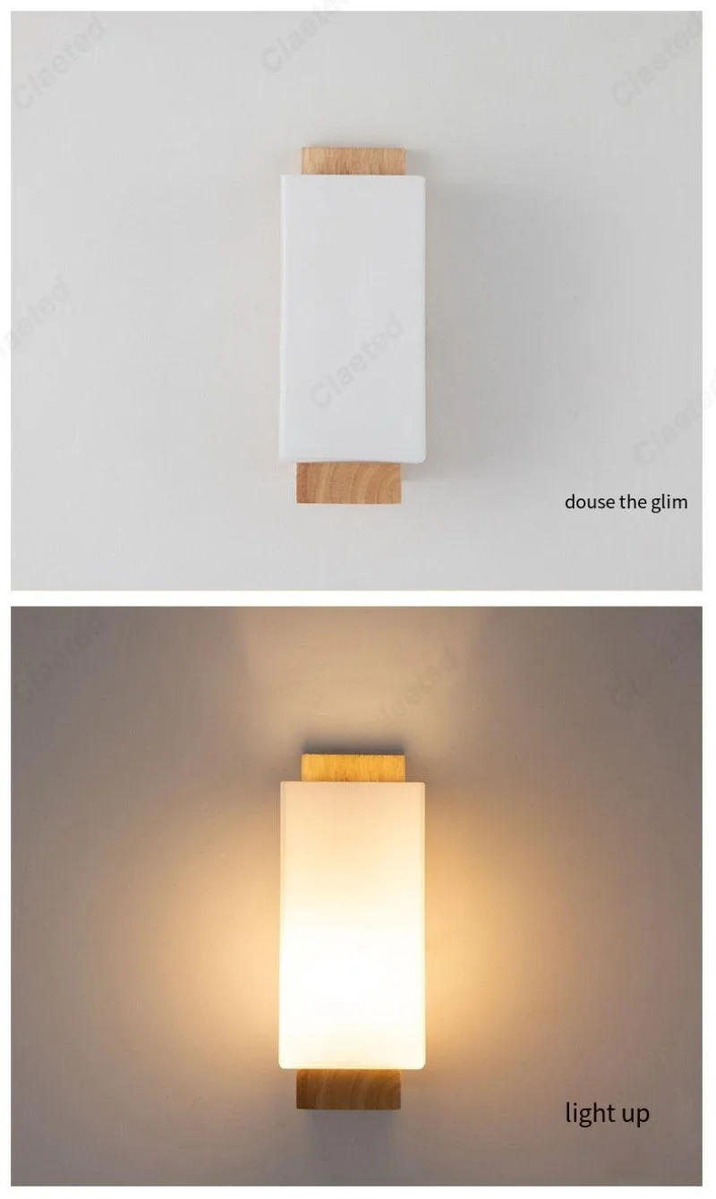 Description Picture 6 of itemCreative LED Wooden Wall Lamp E27 Glass Lampshade Bedroom Bedside Lamp Indoor Living Room Corridor Balcony Decorative Wall Lamp