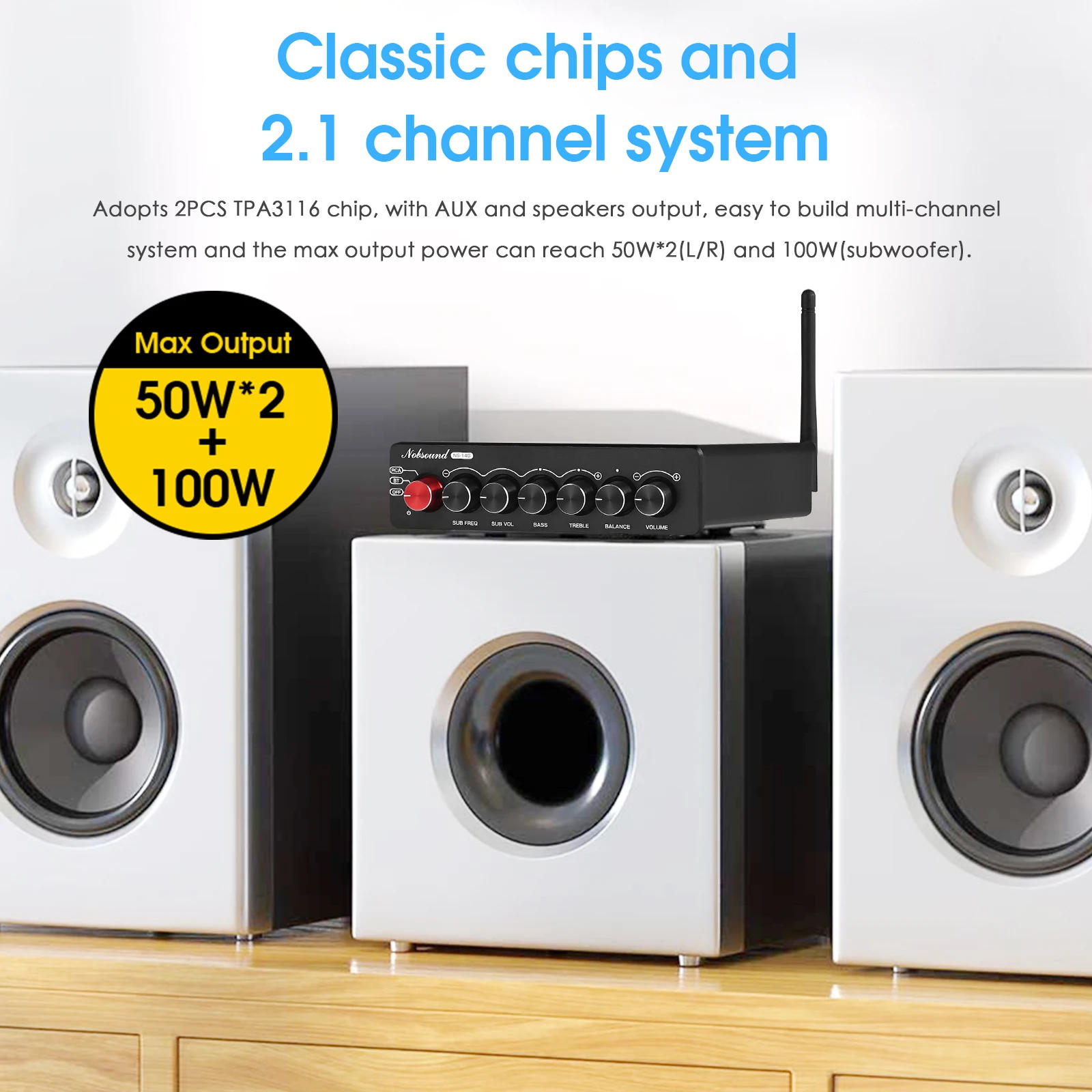 Description Picture 6 of itemNobsound NS-14G 2.1 Channel HiFi Bluetooth TPA3116 Digital Amplifier AUX Desktop Subwoofer Power Amp 50W*2+100W