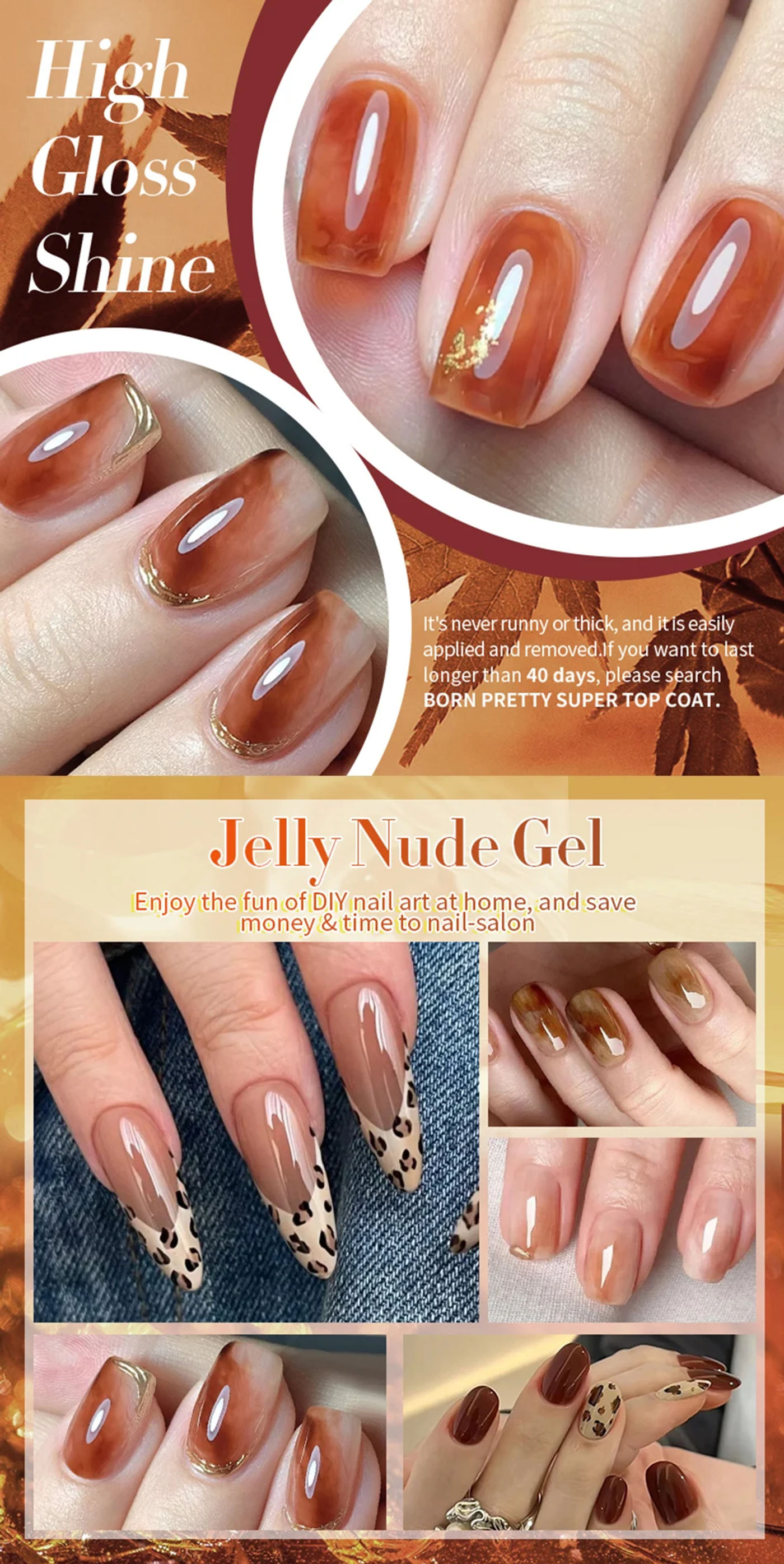Description Picture 6 of itemBORN PRETTY 10ml Translucent Color Gel Polish Jelly Nude Autumn Jelly Amber Semi Permanent UV Gel Nail Art Soak Off Gel Varnish
