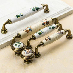 Ceramic Drawer Handle Cabinet Flower Green Leaf Pattern Pulls Wardrobe Locker Dresser Knob for Kitchen Cabinet Knob 96mm 3.78"