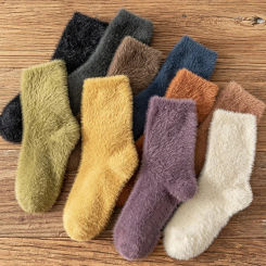 Women Winter Warm Soft Fluffy Socks Solid Girl Thermal Snow Socks Mink Fur Seamless Short Fuzzy Slippers Socks Calcetines Mujer