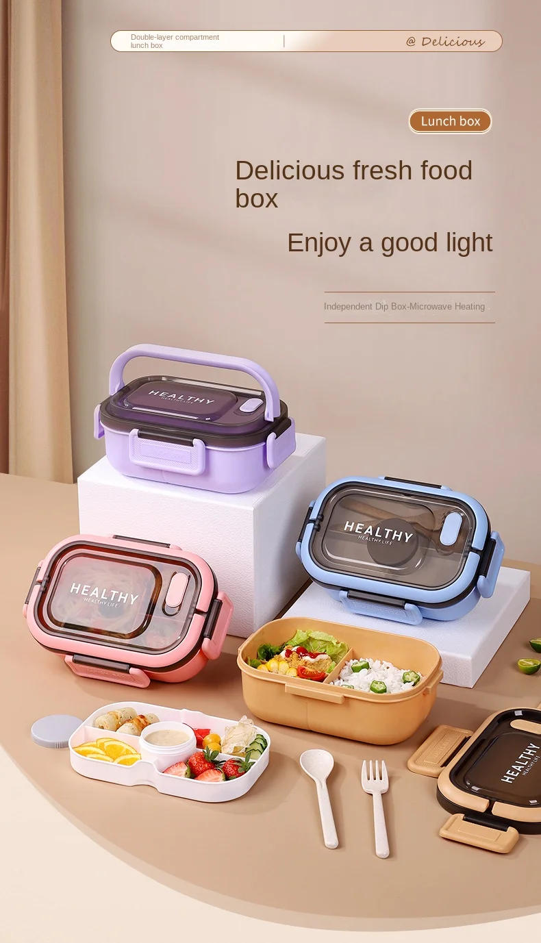 Description Picture 2 of itemLunch Box with Tableware for Office Workers Square Divided Microwave Oven Bento Box Leakproof Food Container for Picnic Camping
