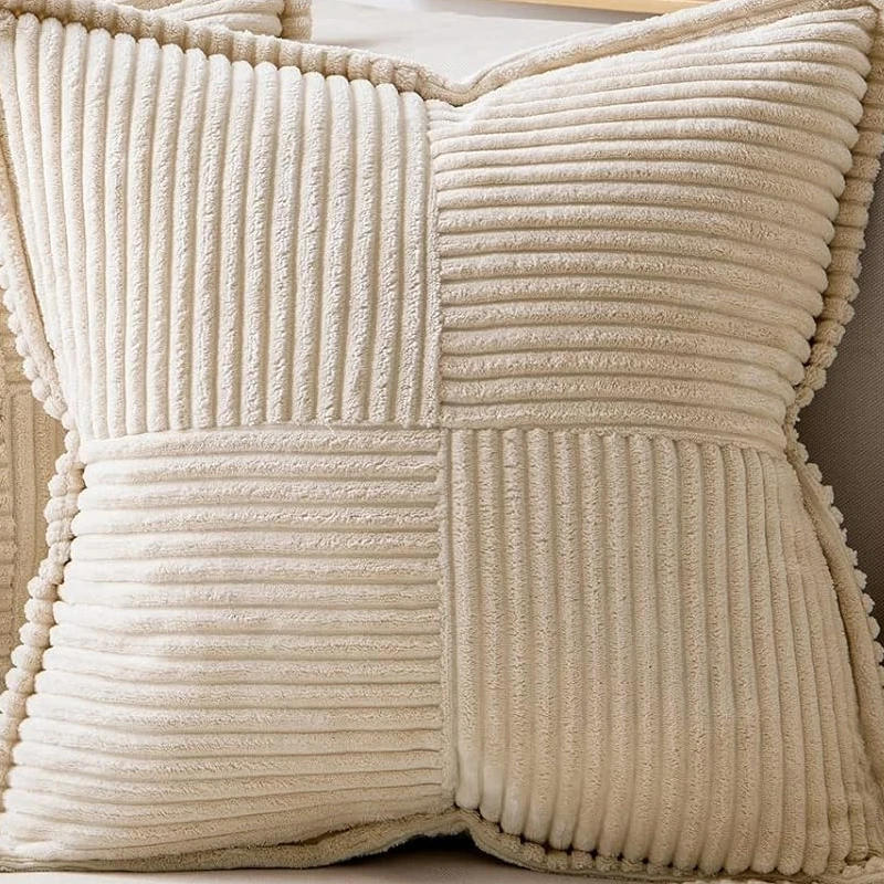 Description Picture 6 of itemBeige Corduroy Decorative Throw Pillow Covers with Splicing 18x18 Inch Luxurious Textured Boho Striped Broadside Cushion Cover