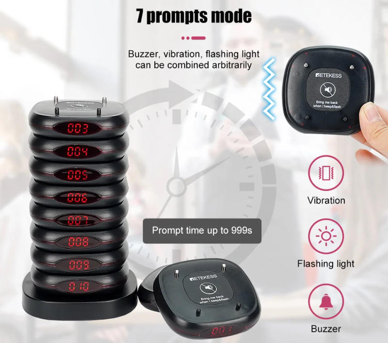 Description Picture 6 of itemRetekess TD161 Pagers For Restaurant Calling System 20 Coasters Buzzer Vibrator Receiver Vibration Bell for Cafe Bar Food Truck