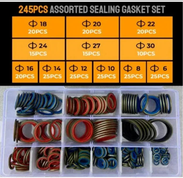 Description Picture 2 of item100/245pcs High Press Hydralic Rubber Oil Pip Bonded Washer NBR Metal Seal Ring Drain Plug Gasket Fit Combined Sealing Set