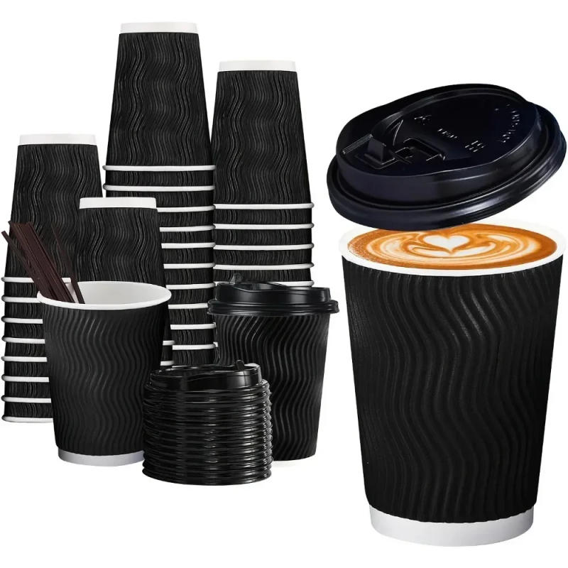 Description Picture 2 of itemDisposable Coffee Paper Cups With Lid Straws Cups Concentrated Tea Corrugated Cups To Protect Fingers For Home Party Kitchen