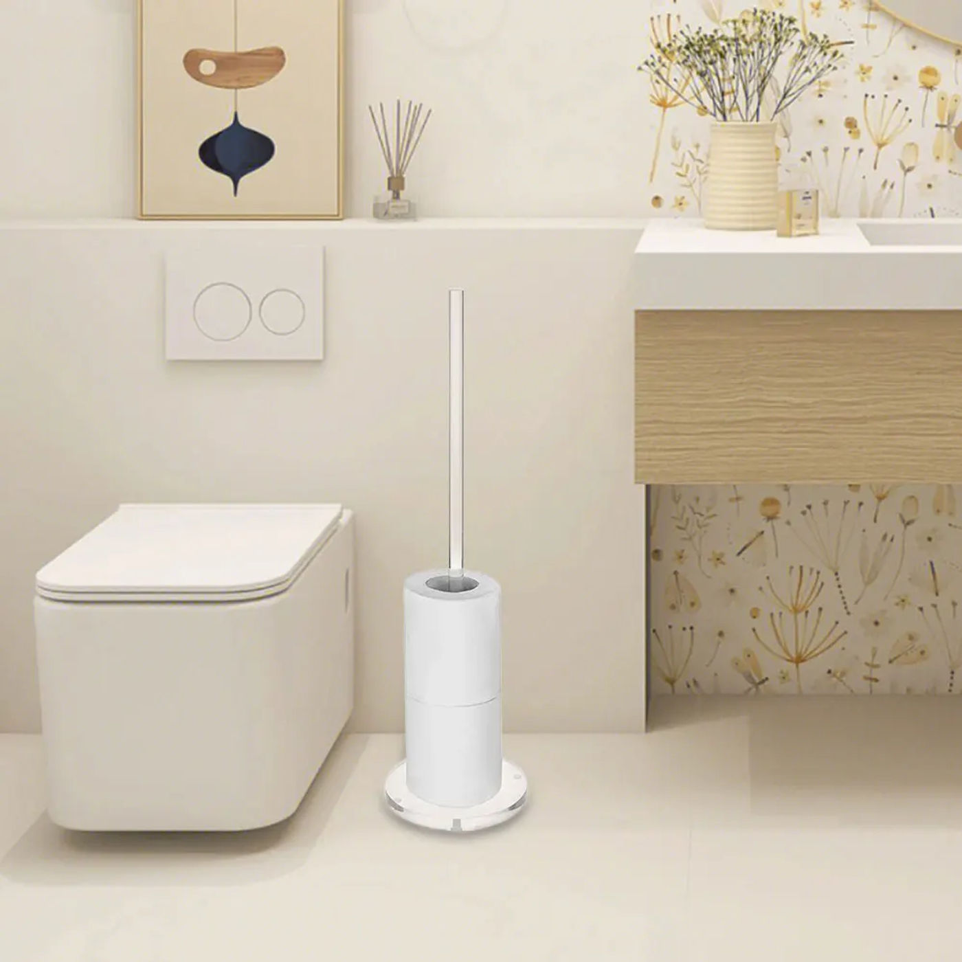 Description Picture 6 of itemFreestanding Toilet Paper Holder Acrylic Toilet Paper Storage Holder Vertical Space Saving for Toilet Spare Rolls Storage