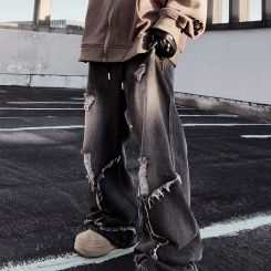 Hip Hop Skateboarding Pants Fashion Brand Ripped Retro Distressed Trousers High Street Loose Mopping Slightly Flared Jeans Men
