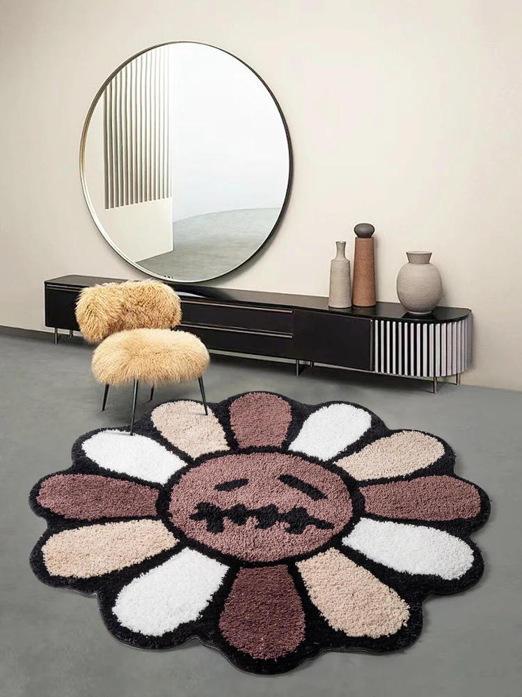 Description Picture 3 of itemSmiling Face Tufted Rug Flower Art Rug for Bedroom Living Room Retro Rainbow Fluffy Bathroom Smile Rug Nonslip Mat Home Decor