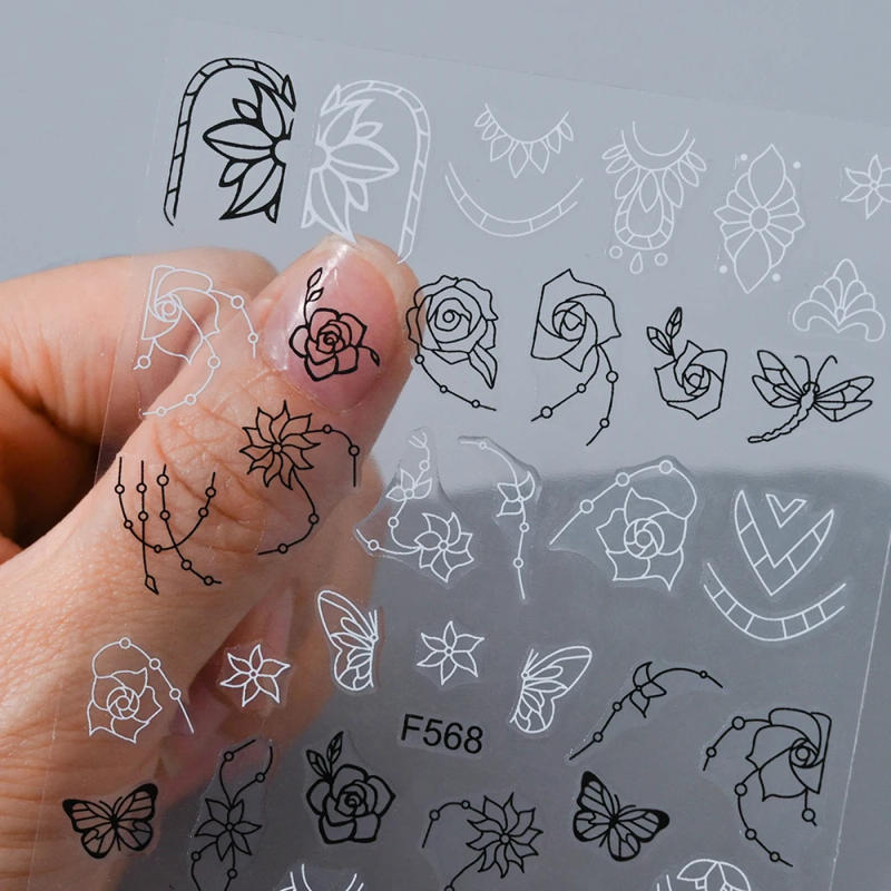 Description Picture 5 of item6Pcs/Set Black White Lace Flower Nail Art Stickers 3D Floral Charm Adhesive Sliders Geometric Lines Decals Manicure Decorations