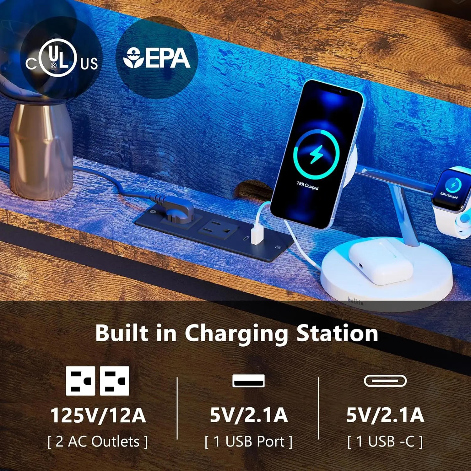 Description Picture 6 of itemQueen Bed Frame with Storage Drawers and Bookcase Headboard, LED Bed Frame Queen Size with Type-C & USB Ports